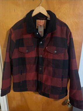 Levis Jacket Mens Medium Red Plaid Fleece Sherpa
